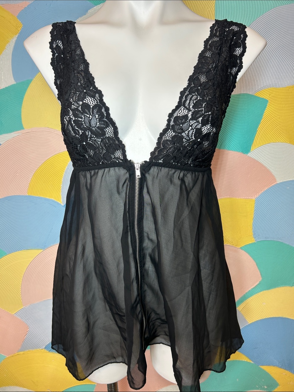 Dream girl Black Lace & Sheer Zip-Front Babydoll women’s sz S